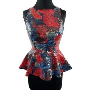 Anthropologie WOLVEN Sequin Peplum Top Red Blue Round Neck Sleeveless Size 0